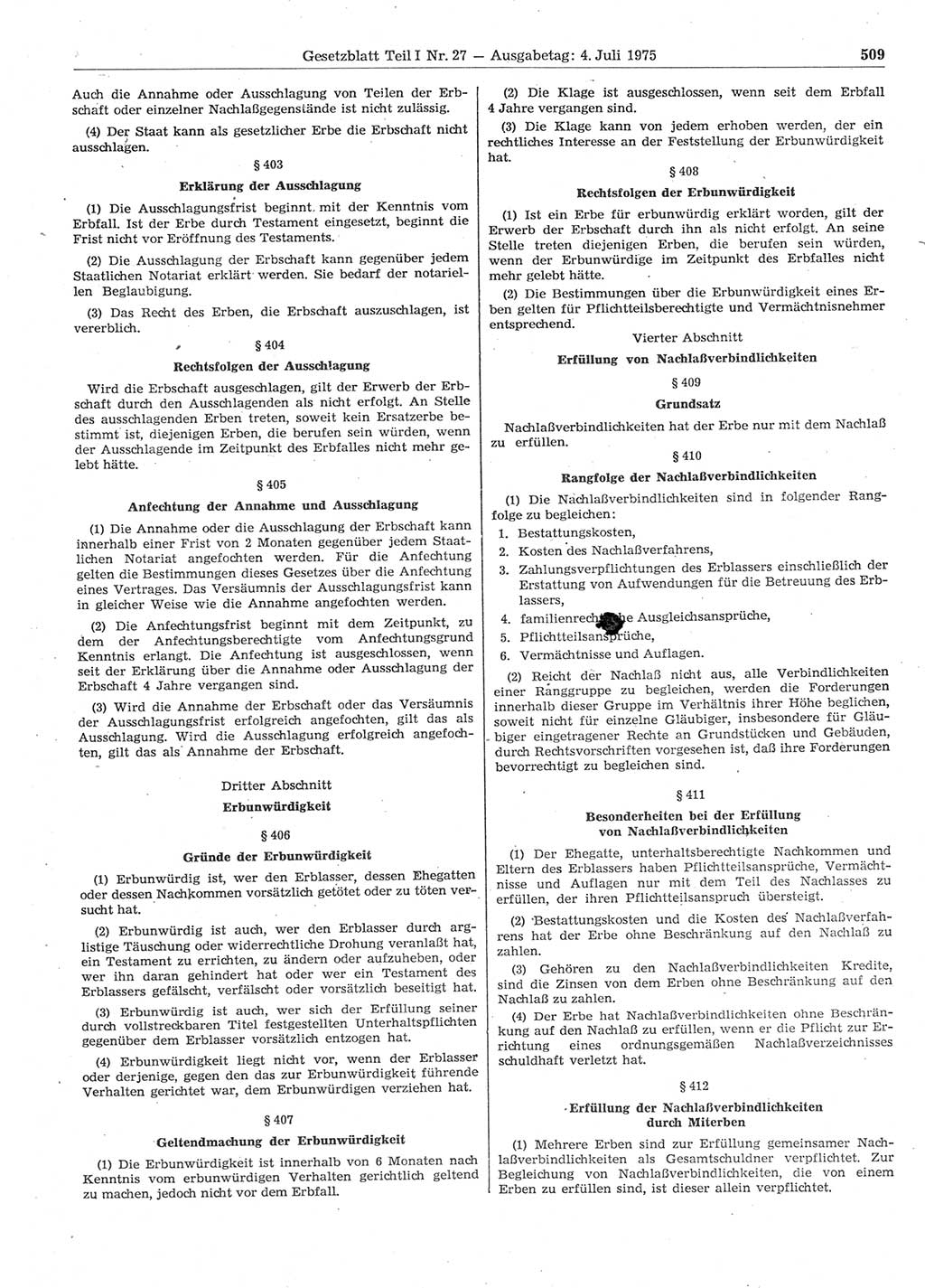 Gesetzblatt (GBl.) der Deutschen Demokratischen Republik (DDR) Teil Ⅰ 1975, Seite 509 (GBl. DDR Ⅰ 1975, S. 509)