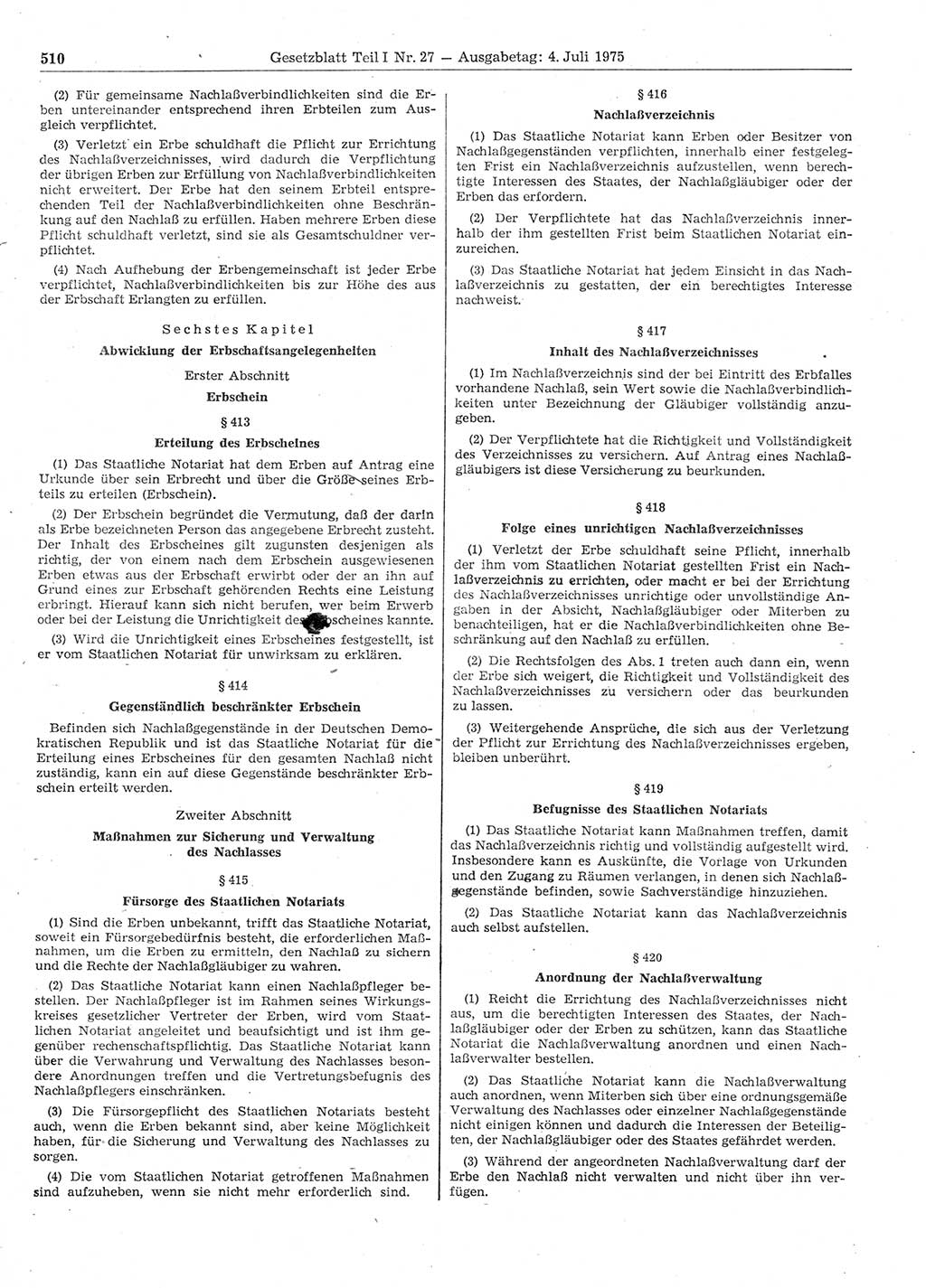 Gesetzblatt (GBl.) der Deutschen Demokratischen Republik (DDR) Teil Ⅰ 1975, Seite 510 (GBl. DDR Ⅰ 1975, S. 510)