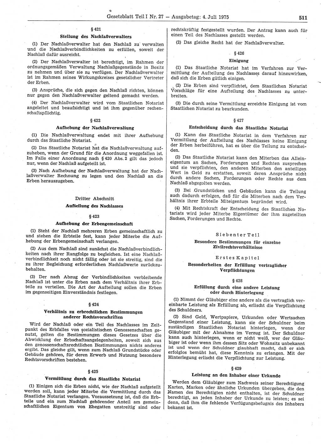 Gesetzblatt (GBl.) der Deutschen Demokratischen Republik (DDR) Teil Ⅰ 1975, Seite 511 (GBl. DDR Ⅰ 1975, S. 511)