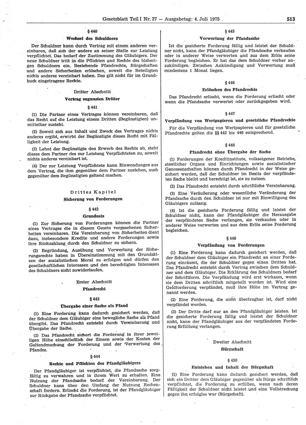 Gesetzblatt (GBl.) der Deutschen Demokratischen Republik (DDR) Teil Ⅰ 1975, Seite 513 (GBl. DDR Ⅰ 1975, S. 513)