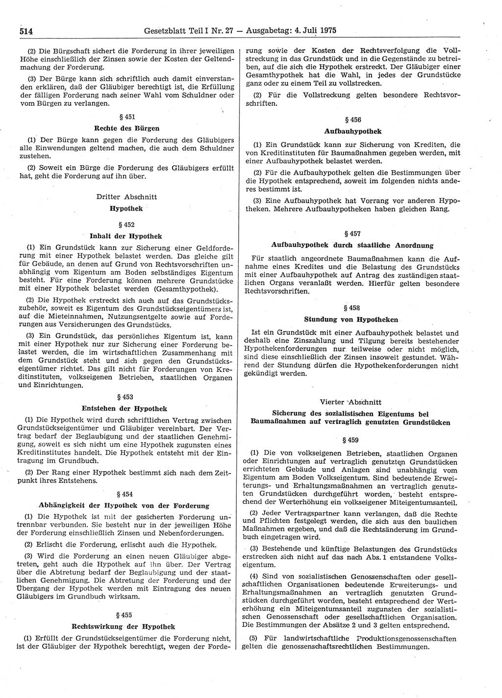 Gesetzblatt (GBl.) der Deutschen Demokratischen Republik (DDR) Teil Ⅰ 1975, Seite 514 (GBl. DDR Ⅰ 1975, S. 514)