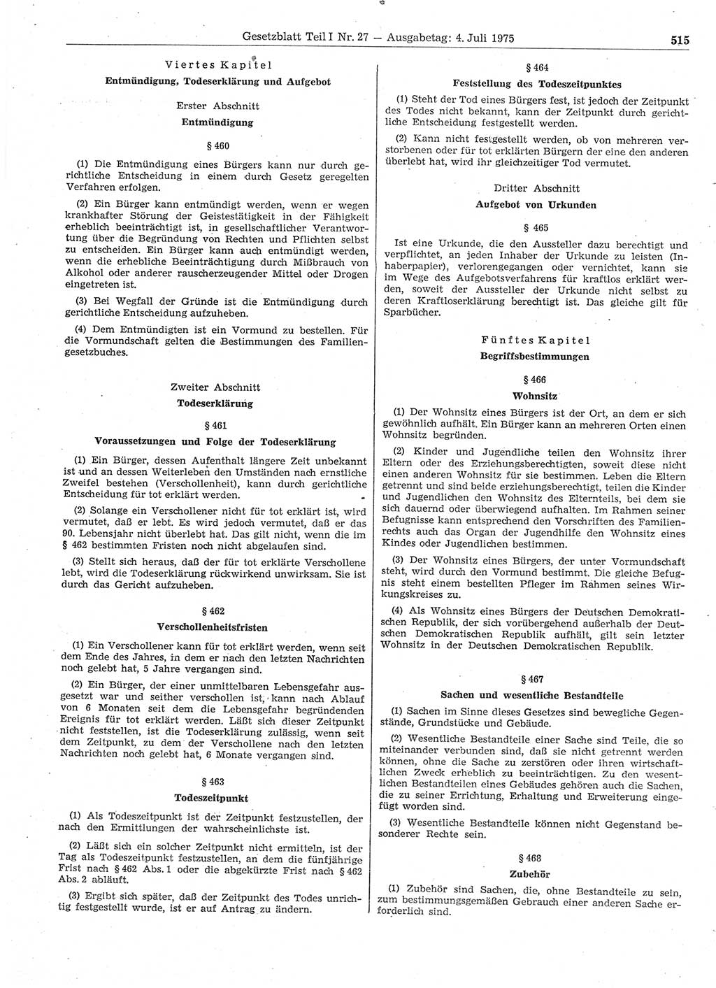 Gesetzblatt (GBl.) der Deutschen Demokratischen Republik (DDR) Teil Ⅰ 1975, Seite 515 (GBl. DDR Ⅰ 1975, S. 515)