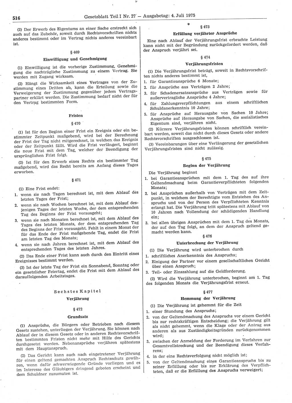 Gesetzblatt (GBl.) der Deutschen Demokratischen Republik (DDR) Teil Ⅰ 1975, Seite 516 (GBl. DDR Ⅰ 1975, S. 516)