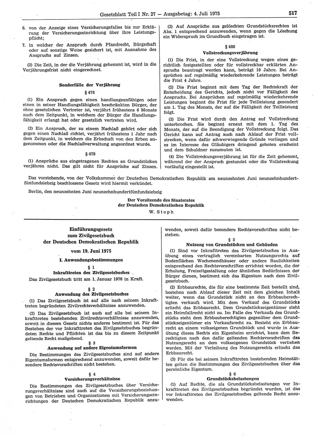 Gesetzblatt (GBl.) der Deutschen Demokratischen Republik (DDR) Teil Ⅰ 1975, Seite 517 (GBl. DDR Ⅰ 1975, S. 517)