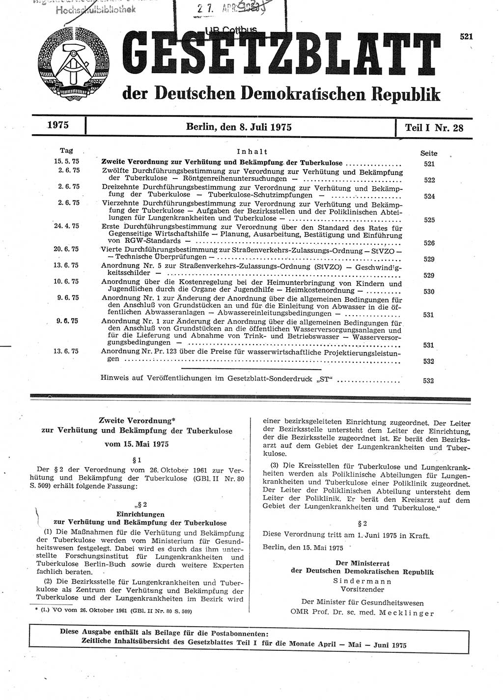 Gesetzblatt (GBl.) der Deutschen Demokratischen Republik (DDR) Teil Ⅰ 1975, Seite 521 (GBl. DDR Ⅰ 1975, S. 521)