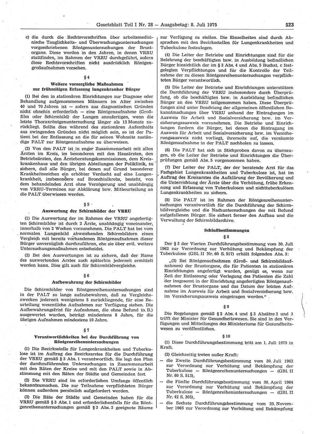 Gesetzblatt (GBl.) der Deutschen Demokratischen Republik (DDR) Teil Ⅰ 1975, Seite 523 (GBl. DDR Ⅰ 1975, S. 523)