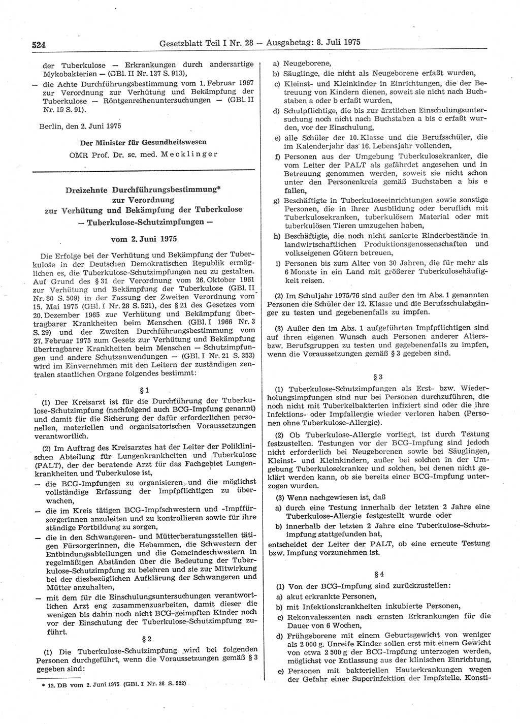 Gesetzblatt (GBl.) der Deutschen Demokratischen Republik (DDR) Teil Ⅰ 1975, Seite 524 (GBl. DDR Ⅰ 1975, S. 524)