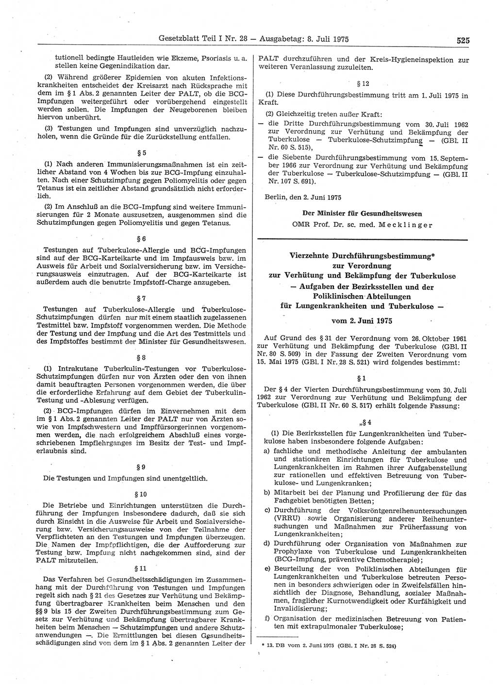 Gesetzblatt (GBl.) der Deutschen Demokratischen Republik (DDR) Teil Ⅰ 1975, Seite 525 (GBl. DDR Ⅰ 1975, S. 525)