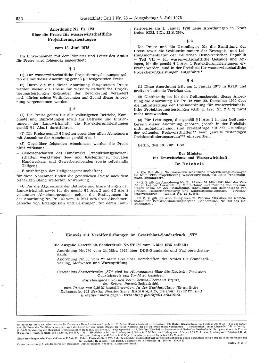 Gesetzblatt (GBl.) der Deutschen Demokratischen Republik (DDR) Teil Ⅰ 1975, Seite 532 (GBl. DDR Ⅰ 1975, S. 532)