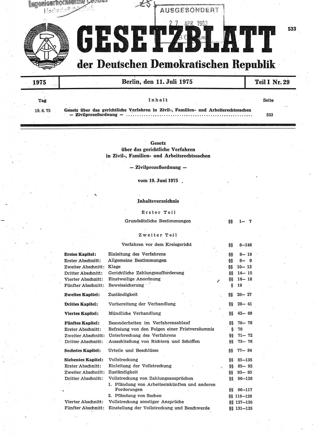 Gesetzblatt (GBl.) der Deutschen Demokratischen Republik (DDR) Teil Ⅰ 1975, Seite 533 (GBl. DDR Ⅰ 1975, S. 533)