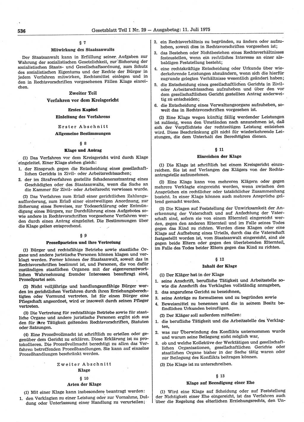 Gesetzblatt (GBl.) der Deutschen Demokratischen Republik (DDR) Teil Ⅰ 1975, Seite 536 (GBl. DDR Ⅰ 1975, S. 536)