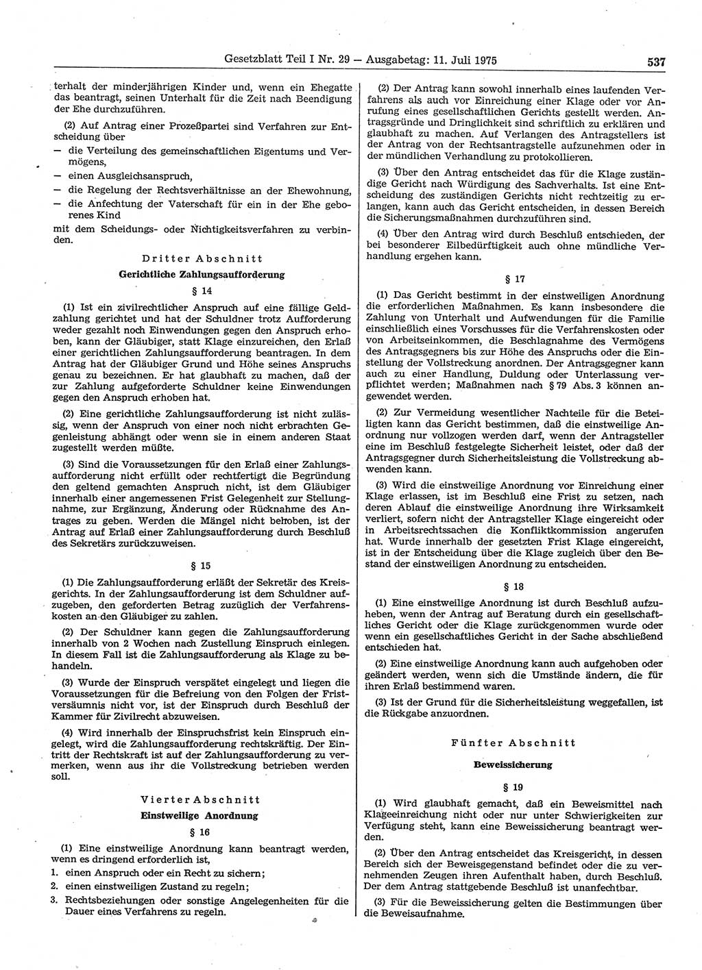 Gesetzblatt (GBl.) der Deutschen Demokratischen Republik (DDR) Teil Ⅰ 1975, Seite 537 (GBl. DDR Ⅰ 1975, S. 537)