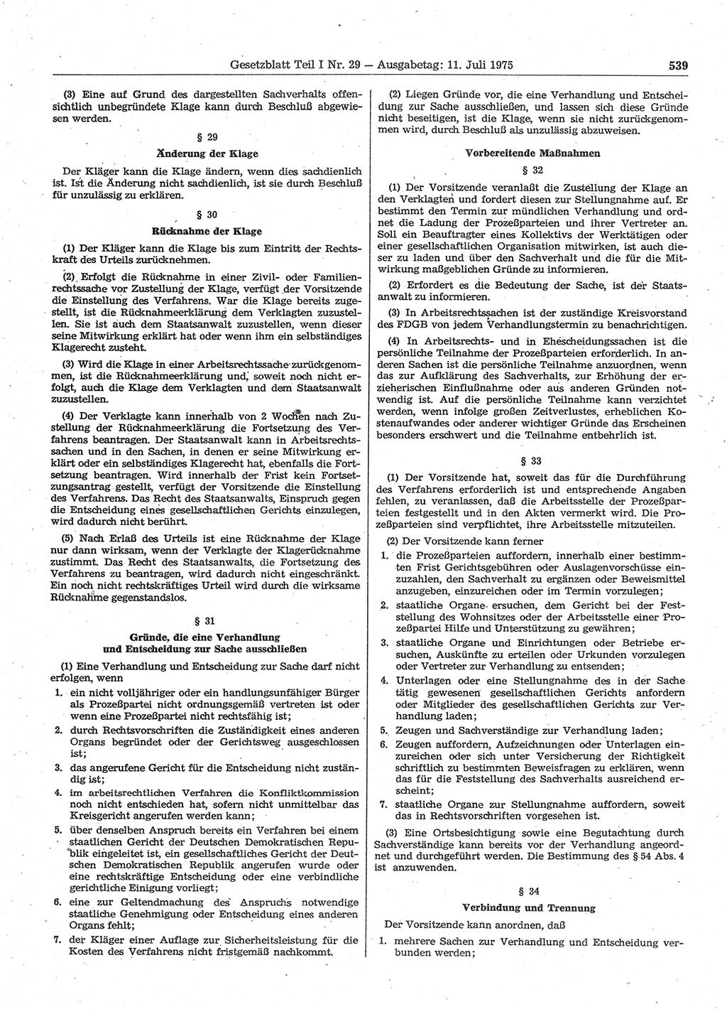 Gesetzblatt (GBl.) der Deutschen Demokratischen Republik (DDR) Teil Ⅰ 1975, Seite 539 (GBl. DDR Ⅰ 1975, S. 539)