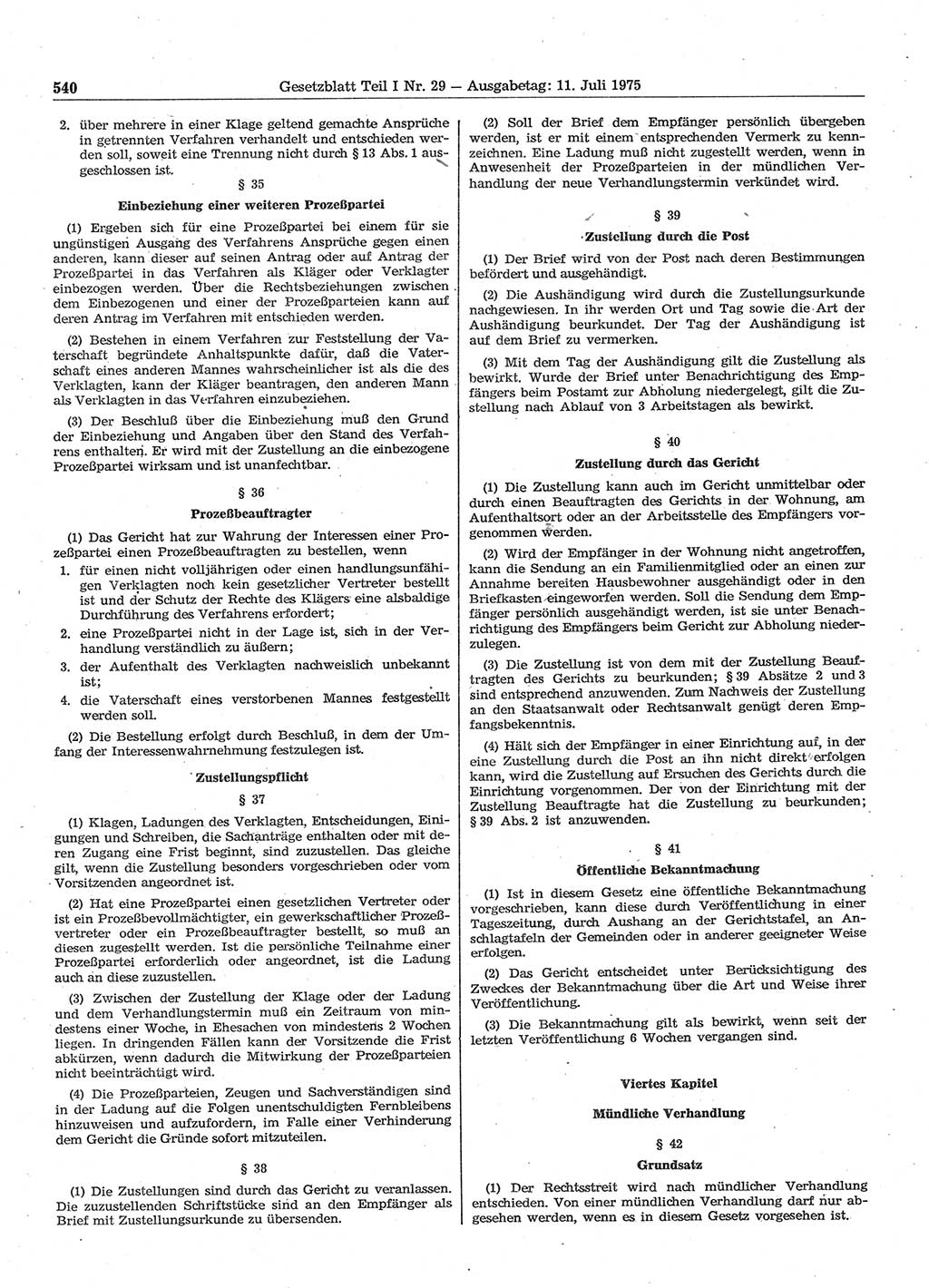 Gesetzblatt (GBl.) der Deutschen Demokratischen Republik (DDR) Teil Ⅰ 1975, Seite 540 (GBl. DDR Ⅰ 1975, S. 540)