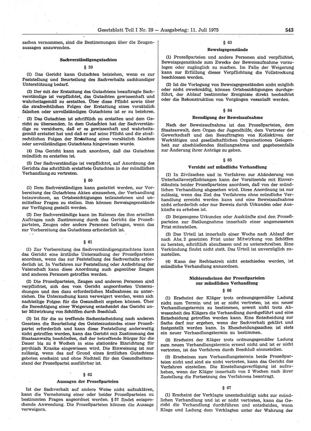 Gesetzblatt (GBl.) der Deutschen Demokratischen Republik (DDR) Teil Ⅰ 1975, Seite 543 (GBl. DDR Ⅰ 1975, S. 543)