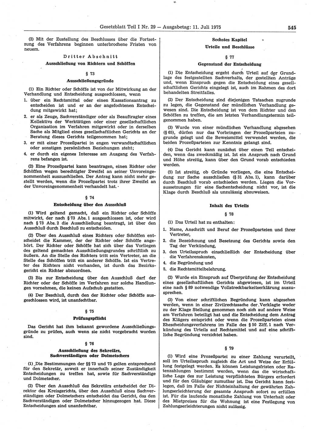 Gesetzblatt (GBl.) der Deutschen Demokratischen Republik (DDR) Teil Ⅰ 1975, Seite 545 (GBl. DDR Ⅰ 1975, S. 545)