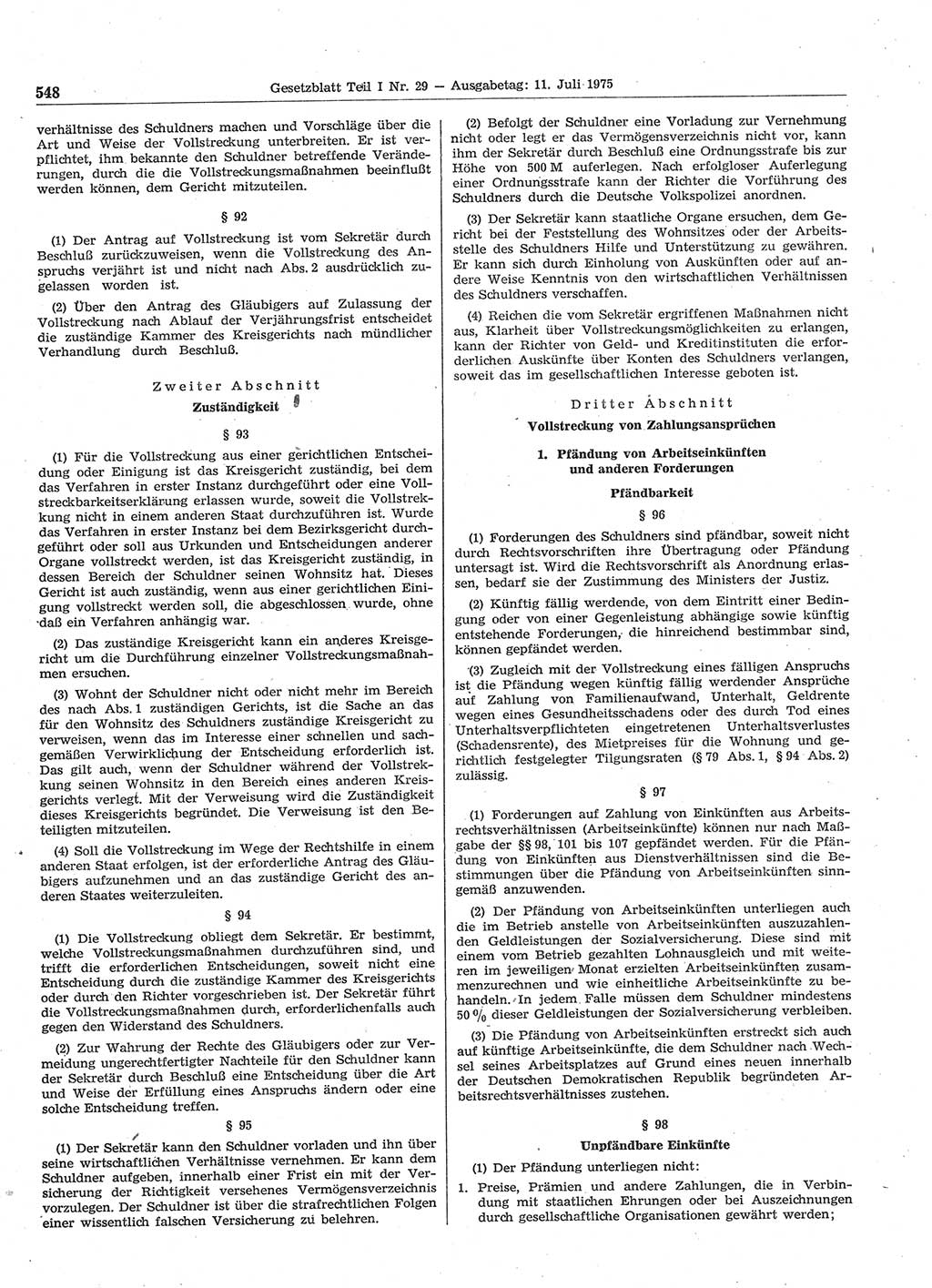 Gesetzblatt (GBl.) der Deutschen Demokratischen Republik (DDR) Teil Ⅰ 1975, Seite 548 (GBl. DDR Ⅰ 1975, S. 548)