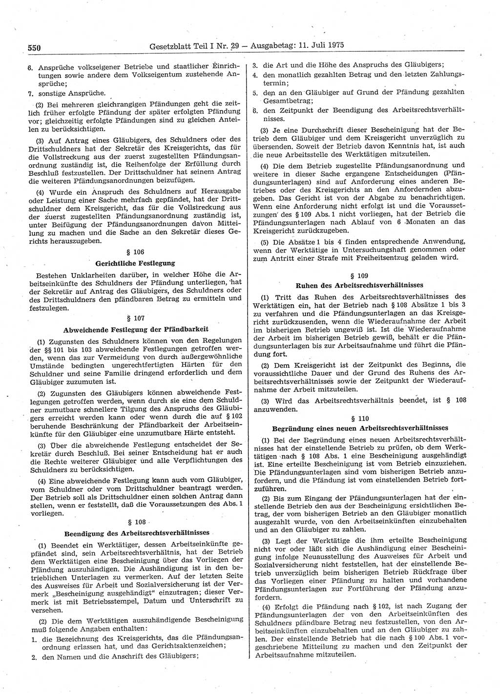 Gesetzblatt (GBl.) der Deutschen Demokratischen Republik (DDR) Teil Ⅰ 1975, Seite 550 (GBl. DDR Ⅰ 1975, S. 550)