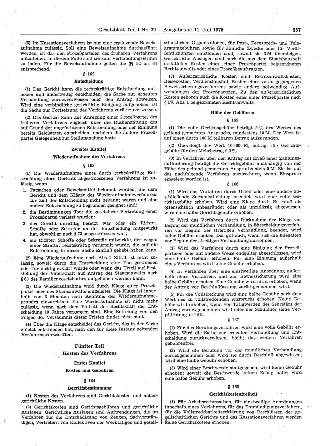 Gesetzblatt (GBl.) der Deutschen Demokratischen Republik (DDR) Teil Ⅰ 1975, Seite 557 (GBl. DDR Ⅰ 1975, S. 557)