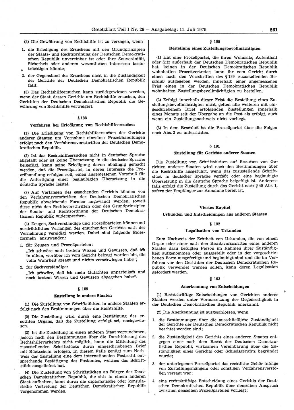 Gesetzblatt (GBl.) der Deutschen Demokratischen Republik (DDR) Teil Ⅰ 1975, Seite 561 (GBl. DDR Ⅰ 1975, S. 561)