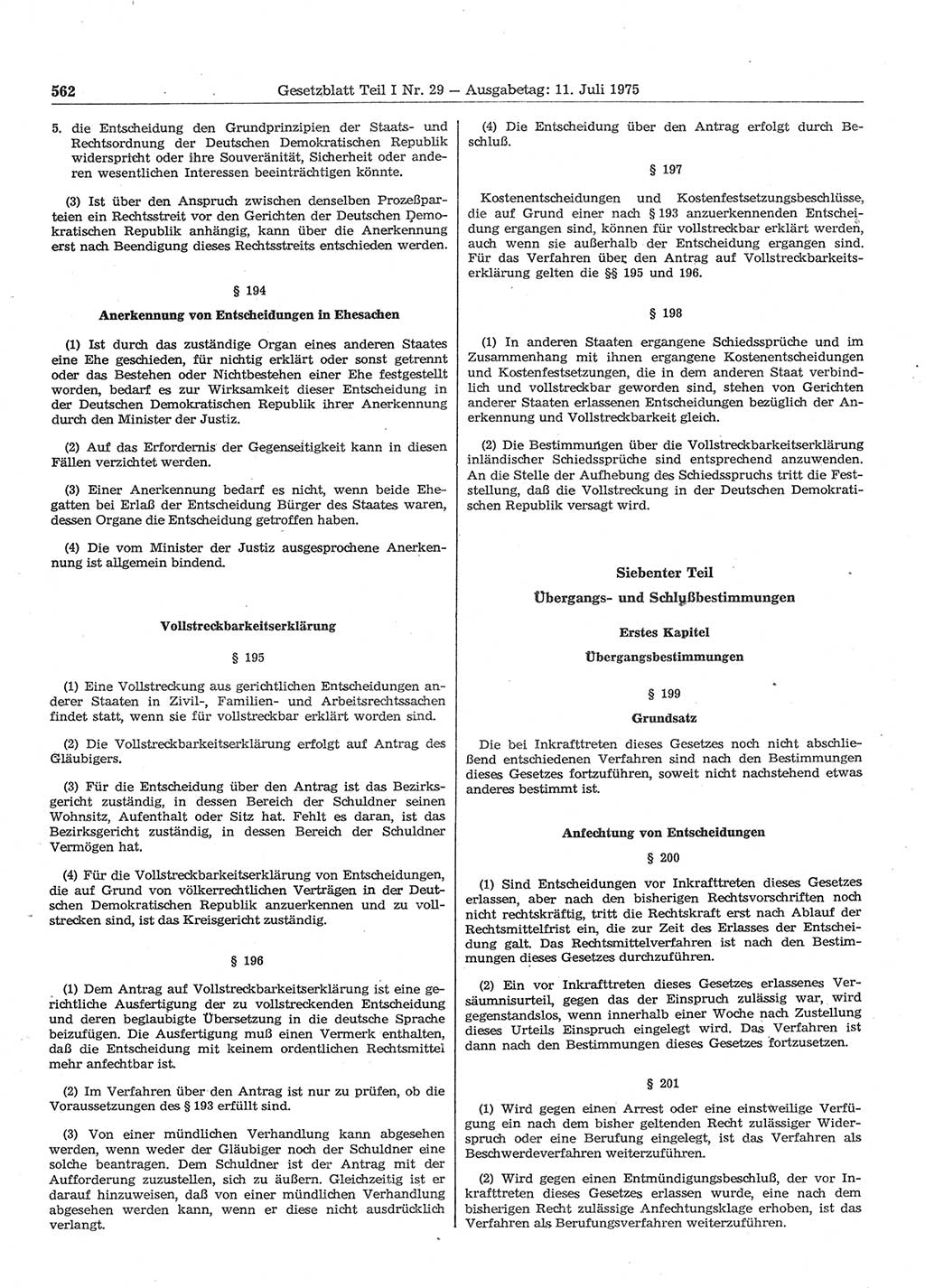 Gesetzblatt (GBl.) der Deutschen Demokratischen Republik (DDR) Teil Ⅰ 1975, Seite 562 (GBl. DDR Ⅰ 1975, S. 562)