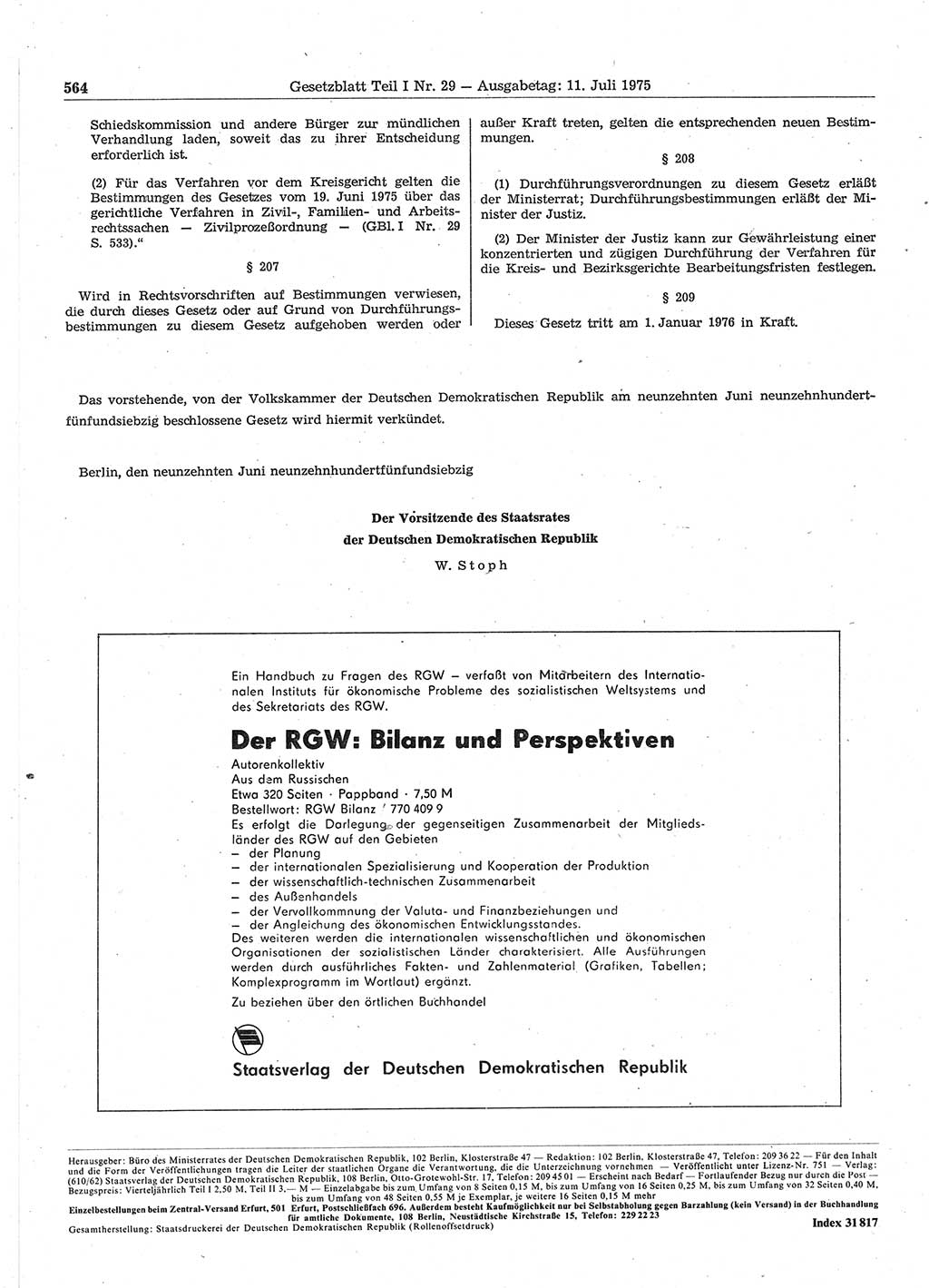 Gesetzblatt (GBl.) der Deutschen Demokratischen Republik (DDR) Teil Ⅰ 1975, Seite 564 (GBl. DDR Ⅰ 1975, S. 564)