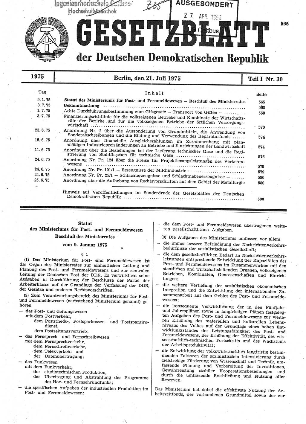 Gesetzblatt (GBl.) der Deutschen Demokratischen Republik (DDR) Teil Ⅰ 1975, Seite 565 (GBl. DDR Ⅰ 1975, S. 565)