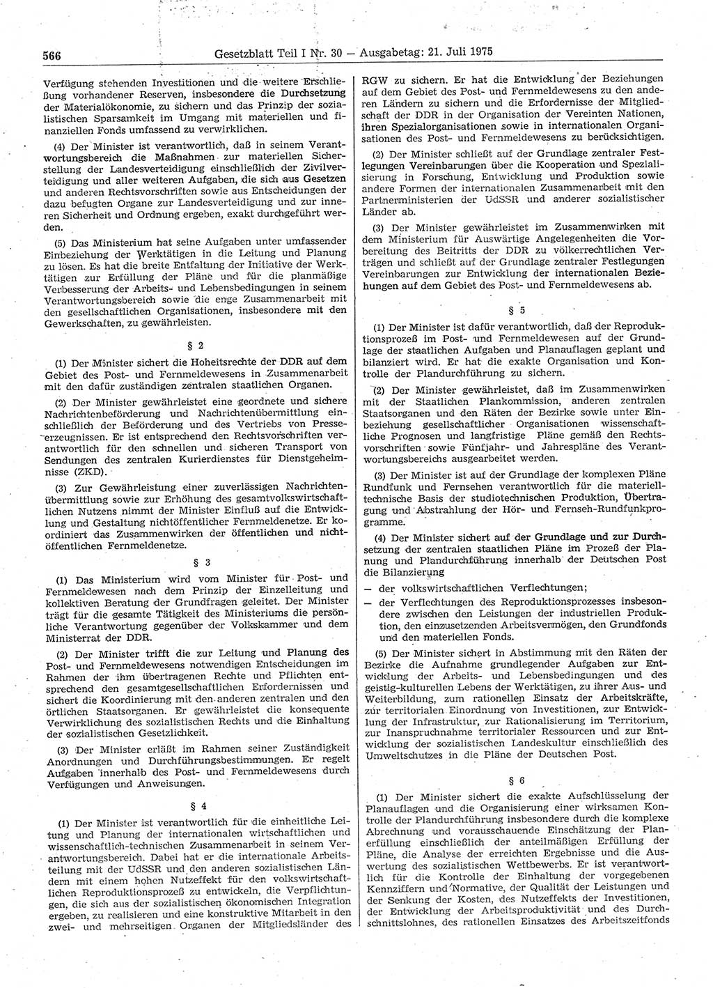 Gesetzblatt (GBl.) der Deutschen Demokratischen Republik (DDR) Teil Ⅰ 1975, Seite 566 (GBl. DDR Ⅰ 1975, S. 566)