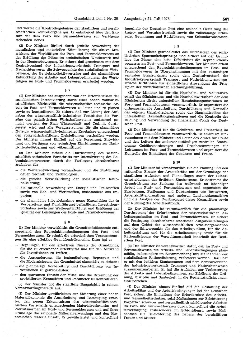Gesetzblatt (GBl.) der Deutschen Demokratischen Republik (DDR) Teil Ⅰ 1975, Seite 567 (GBl. DDR Ⅰ 1975, S. 567)
