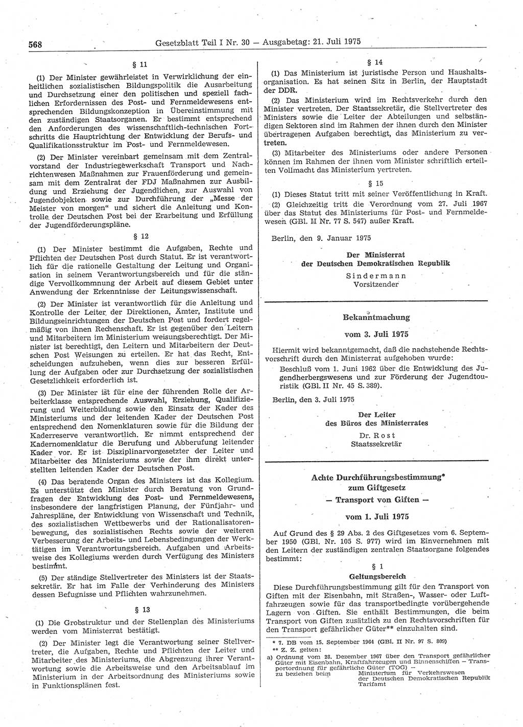 Gesetzblatt (GBl.) der Deutschen Demokratischen Republik (DDR) Teil Ⅰ 1975, Seite 568 (GBl. DDR Ⅰ 1975, S. 568)