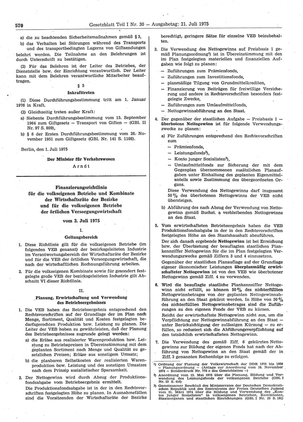 Gesetzblatt (GBl.) der Deutschen Demokratischen Republik (DDR) Teil Ⅰ 1975, Seite 570 (GBl. DDR Ⅰ 1975, S. 570)