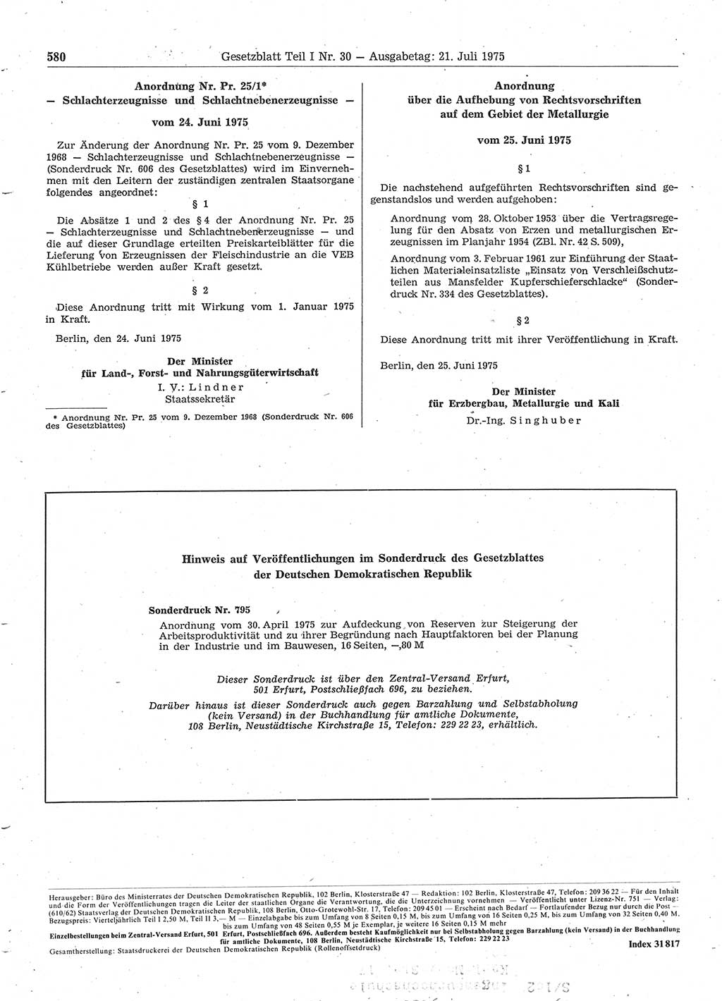 Gesetzblatt (GBl.) der Deutschen Demokratischen Republik (DDR) Teil Ⅰ 1975, Seite 580 (GBl. DDR Ⅰ 1975, S. 580)