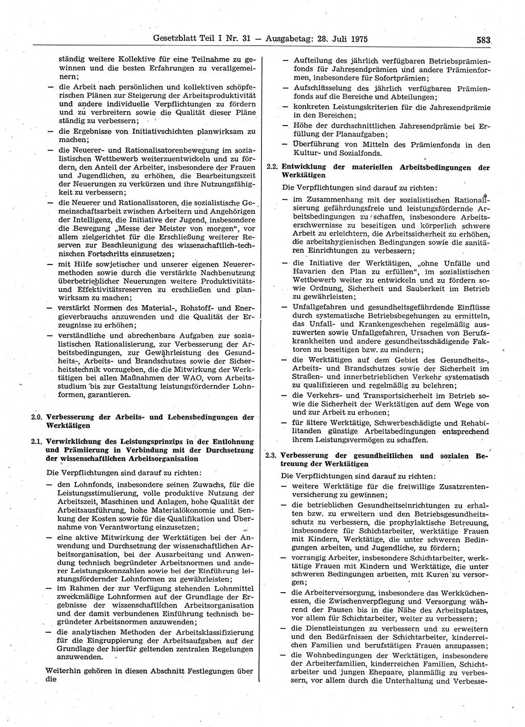 Gesetzblatt (GBl.) der Deutschen Demokratischen Republik (DDR) Teil Ⅰ 1975, Seite 583 (GBl. DDR Ⅰ 1975, S. 583)