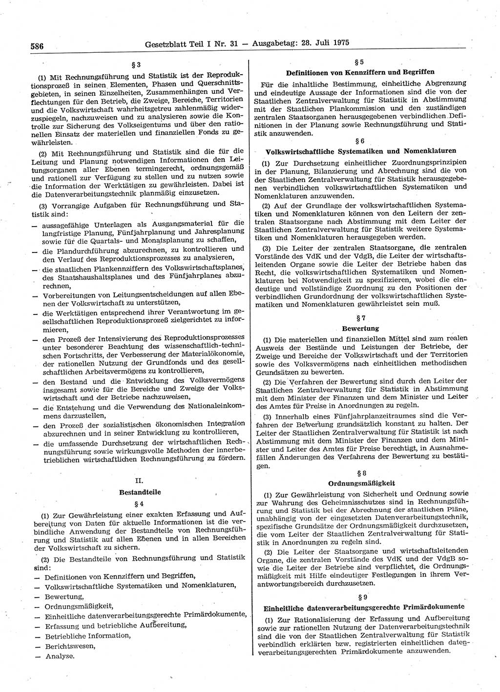 Gesetzblatt (GBl.) der Deutschen Demokratischen Republik (DDR) Teil Ⅰ 1975, Seite 586 (GBl. DDR Ⅰ 1975, S. 586)