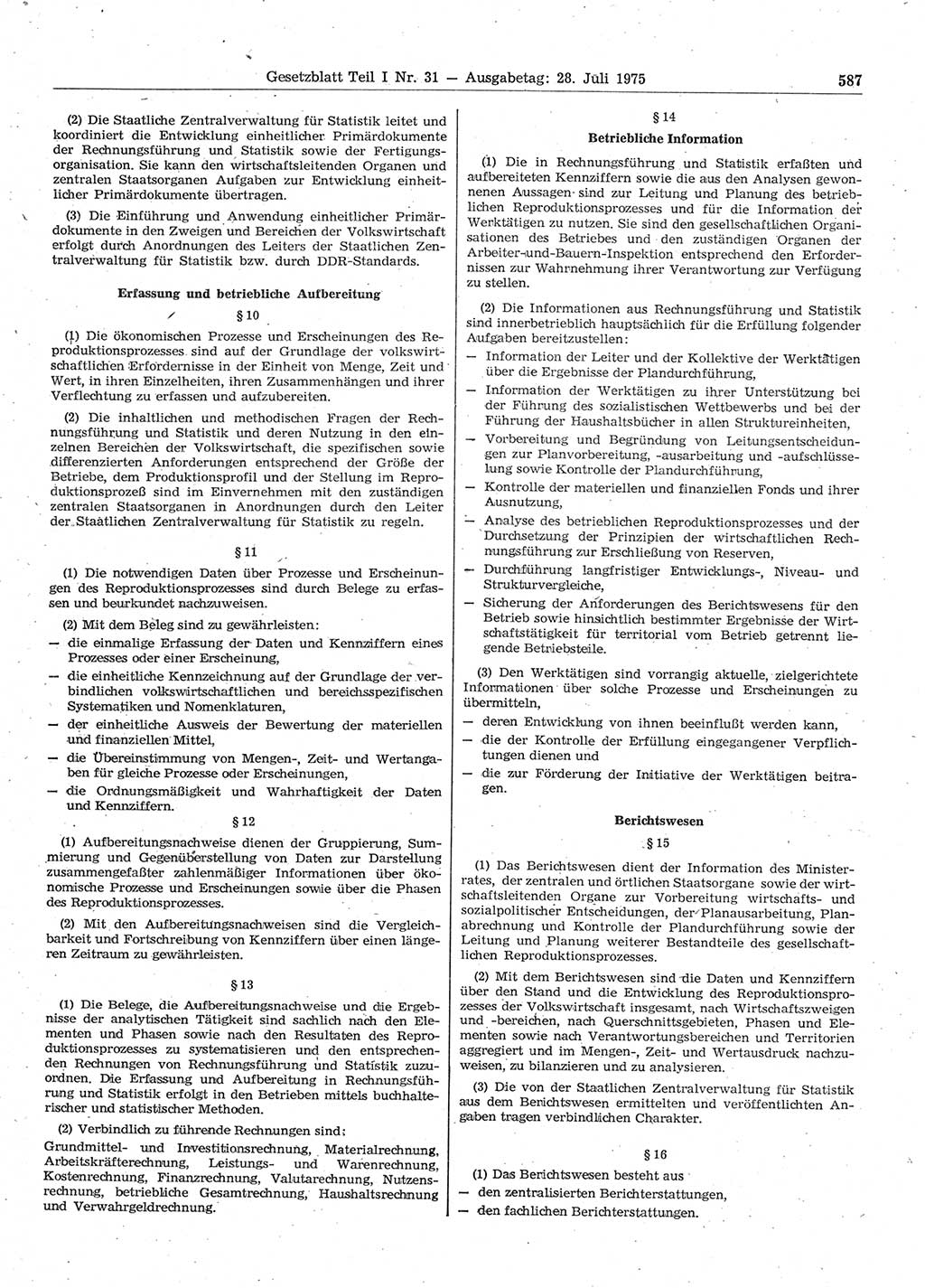 Gesetzblatt (GBl.) der Deutschen Demokratischen Republik (DDR) Teil Ⅰ 1975, Seite 587 (GBl. DDR Ⅰ 1975, S. 587)