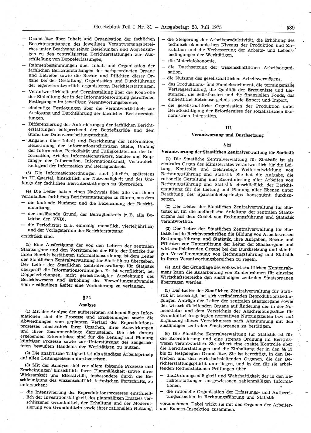 Gesetzblatt (GBl.) der Deutschen Demokratischen Republik (DDR) Teil Ⅰ 1975, Seite 589 (GBl. DDR Ⅰ 1975, S. 589)