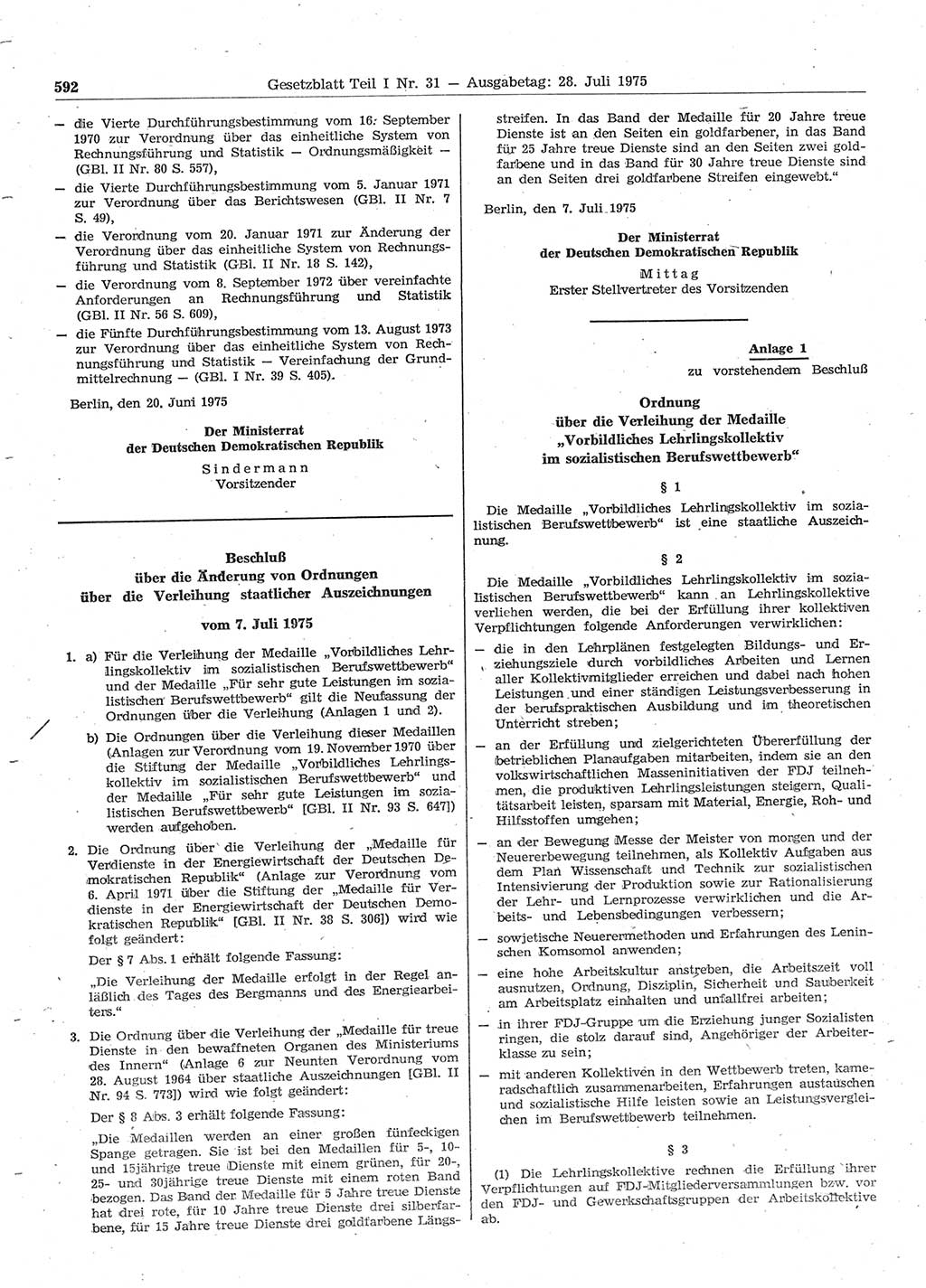 Gesetzblatt (GBl.) der Deutschen Demokratischen Republik (DDR) Teil Ⅰ 1975, Seite 592 (GBl. DDR Ⅰ 1975, S. 592)
