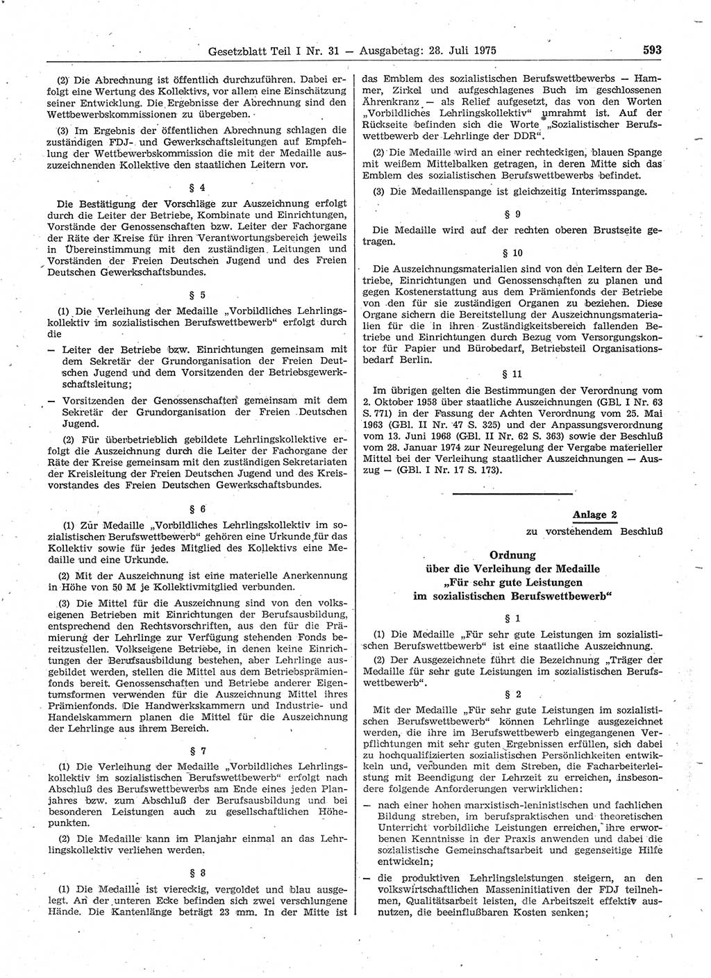 Gesetzblatt (GBl.) der Deutschen Demokratischen Republik (DDR) Teil Ⅰ 1975, Seite 593 (GBl. DDR Ⅰ 1975, S. 593)