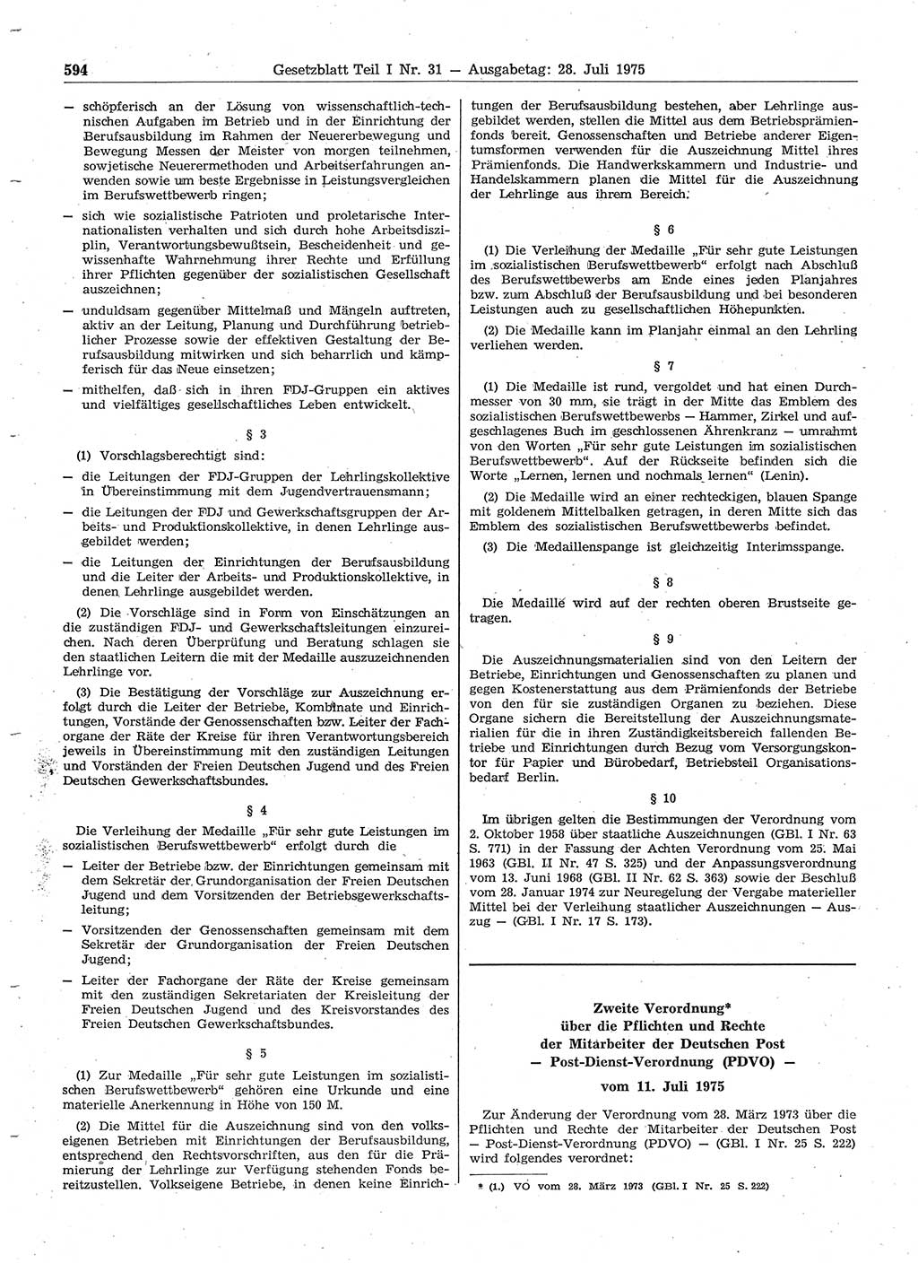 Gesetzblatt (GBl.) der Deutschen Demokratischen Republik (DDR) Teil Ⅰ 1975, Seite 594 (GBl. DDR Ⅰ 1975, S. 594)
