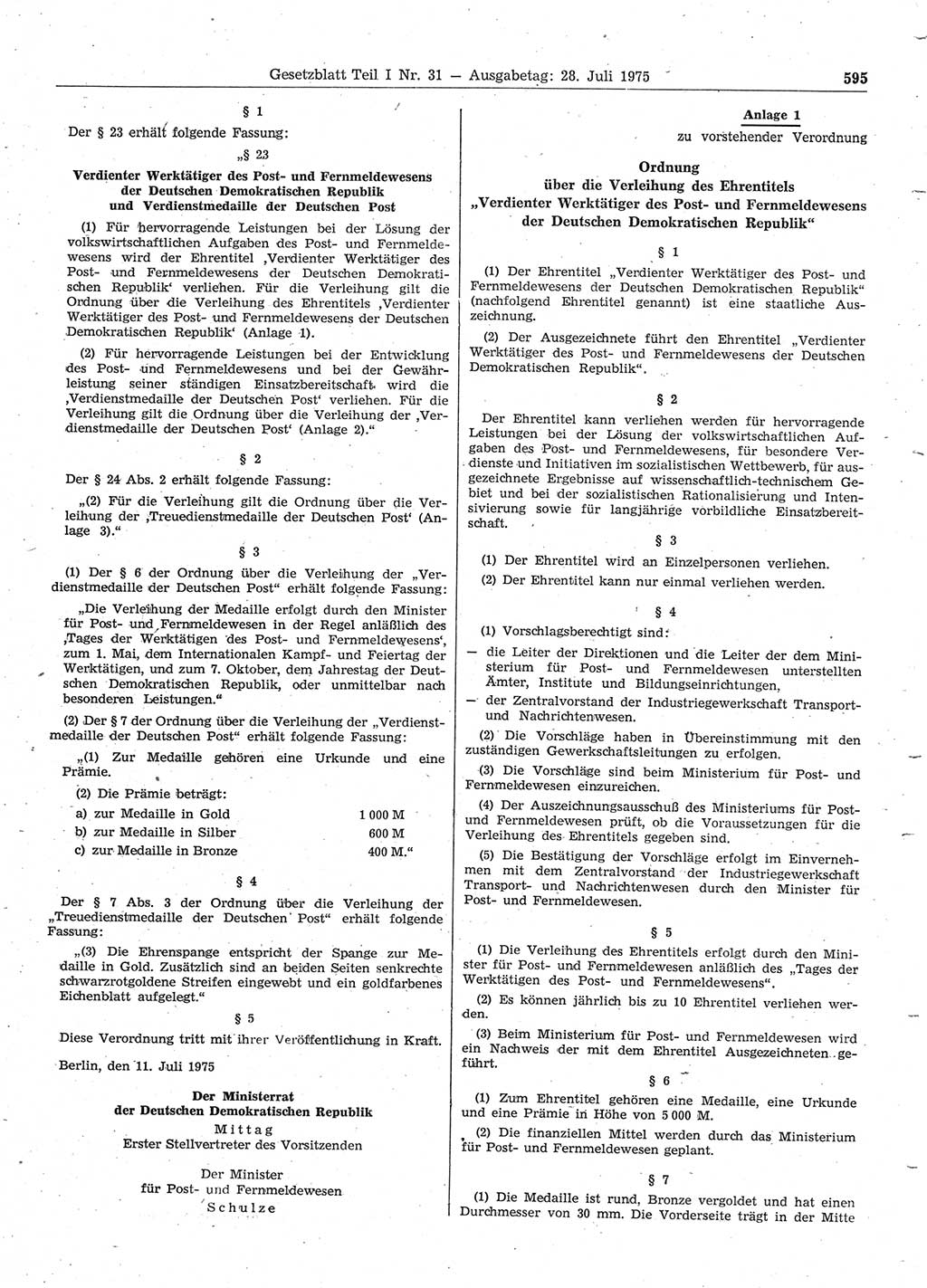 Gesetzblatt (GBl.) der Deutschen Demokratischen Republik (DDR) Teil Ⅰ 1975, Seite 595 (GBl. DDR Ⅰ 1975, S. 595)