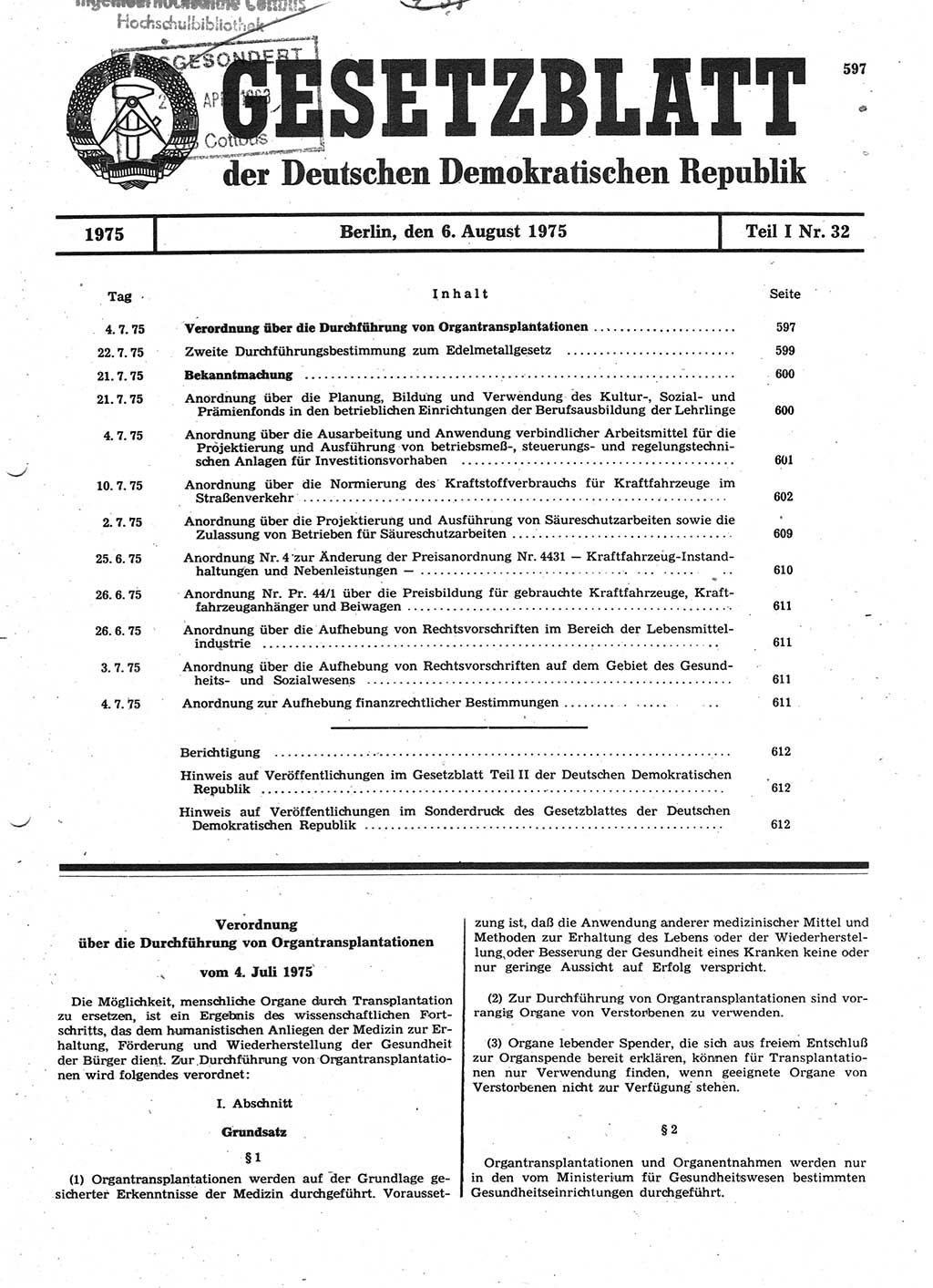 Gesetzblatt (GBl.) der Deutschen Demokratischen Republik (DDR) Teil Ⅰ 1975, Seite 597 (GBl. DDR Ⅰ 1975, S. 597)