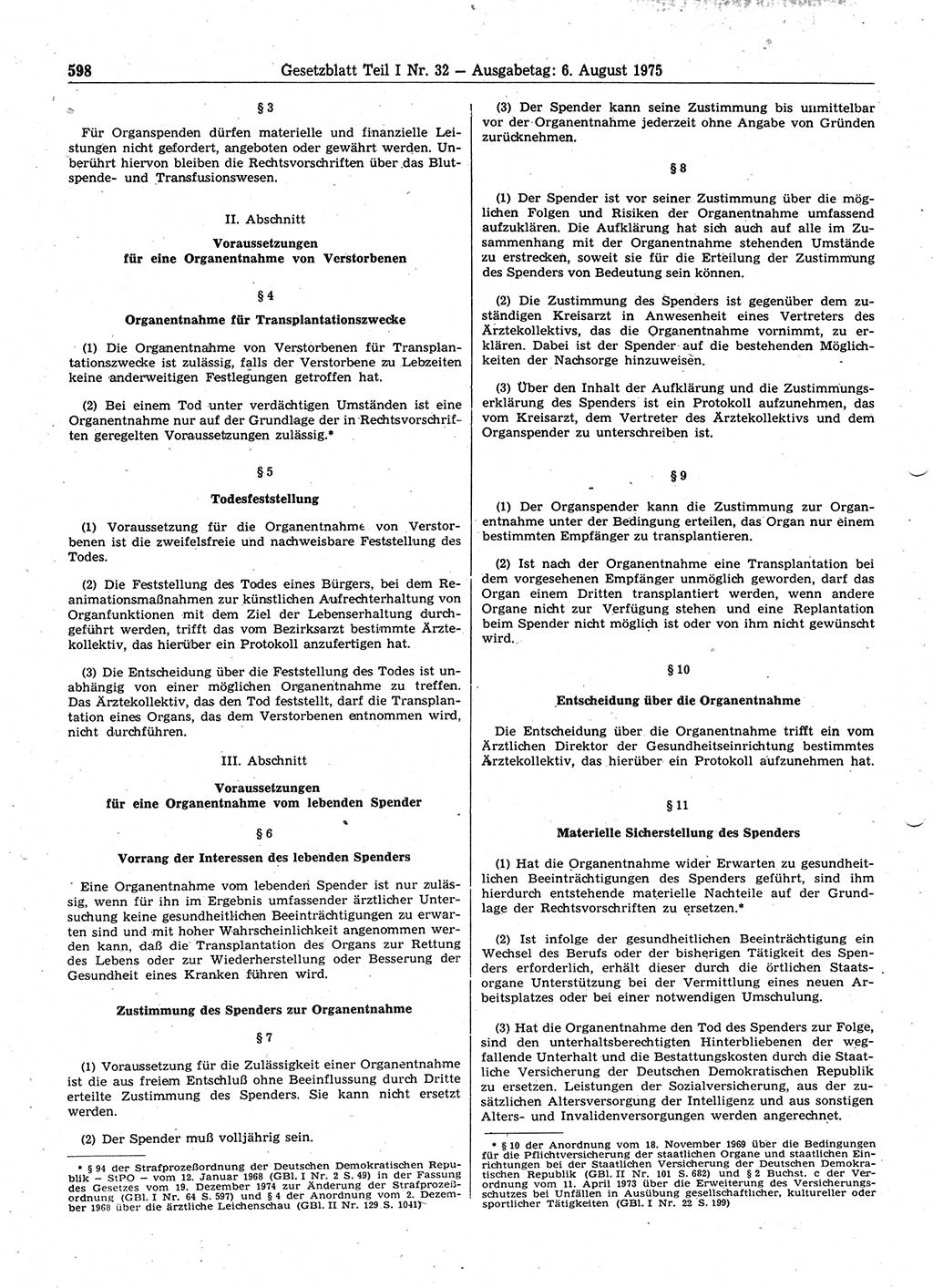 Gesetzblatt (GBl.) der Deutschen Demokratischen Republik (DDR) Teil Ⅰ 1975, Seite 598 (GBl. DDR Ⅰ 1975, S. 598)