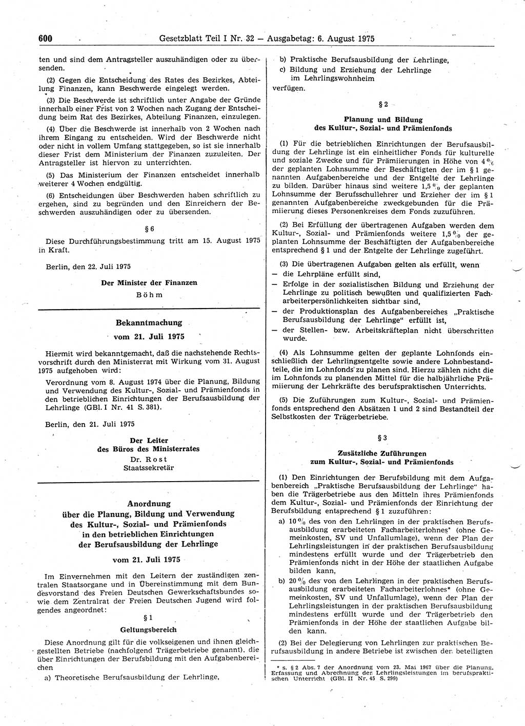 Gesetzblatt (GBl.) der Deutschen Demokratischen Republik (DDR) Teil Ⅰ 1975, Seite 600 (GBl. DDR Ⅰ 1975, S. 600)