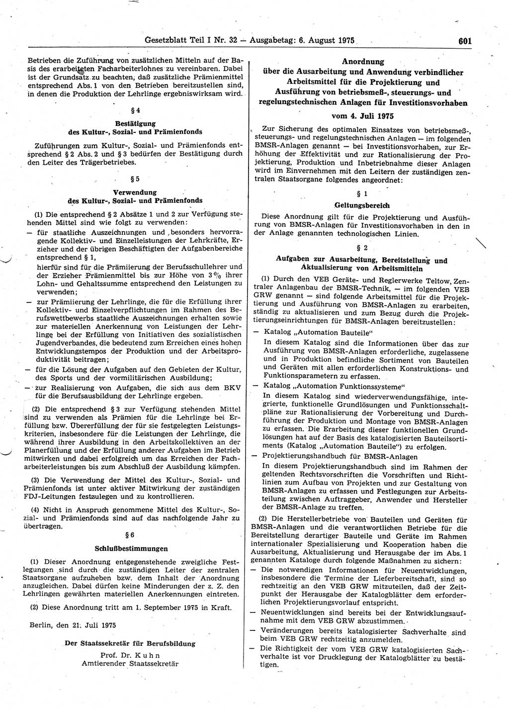 Gesetzblatt (GBl.) der Deutschen Demokratischen Republik (DDR) Teil Ⅰ 1975, Seite 601 (GBl. DDR Ⅰ 1975, S. 601)