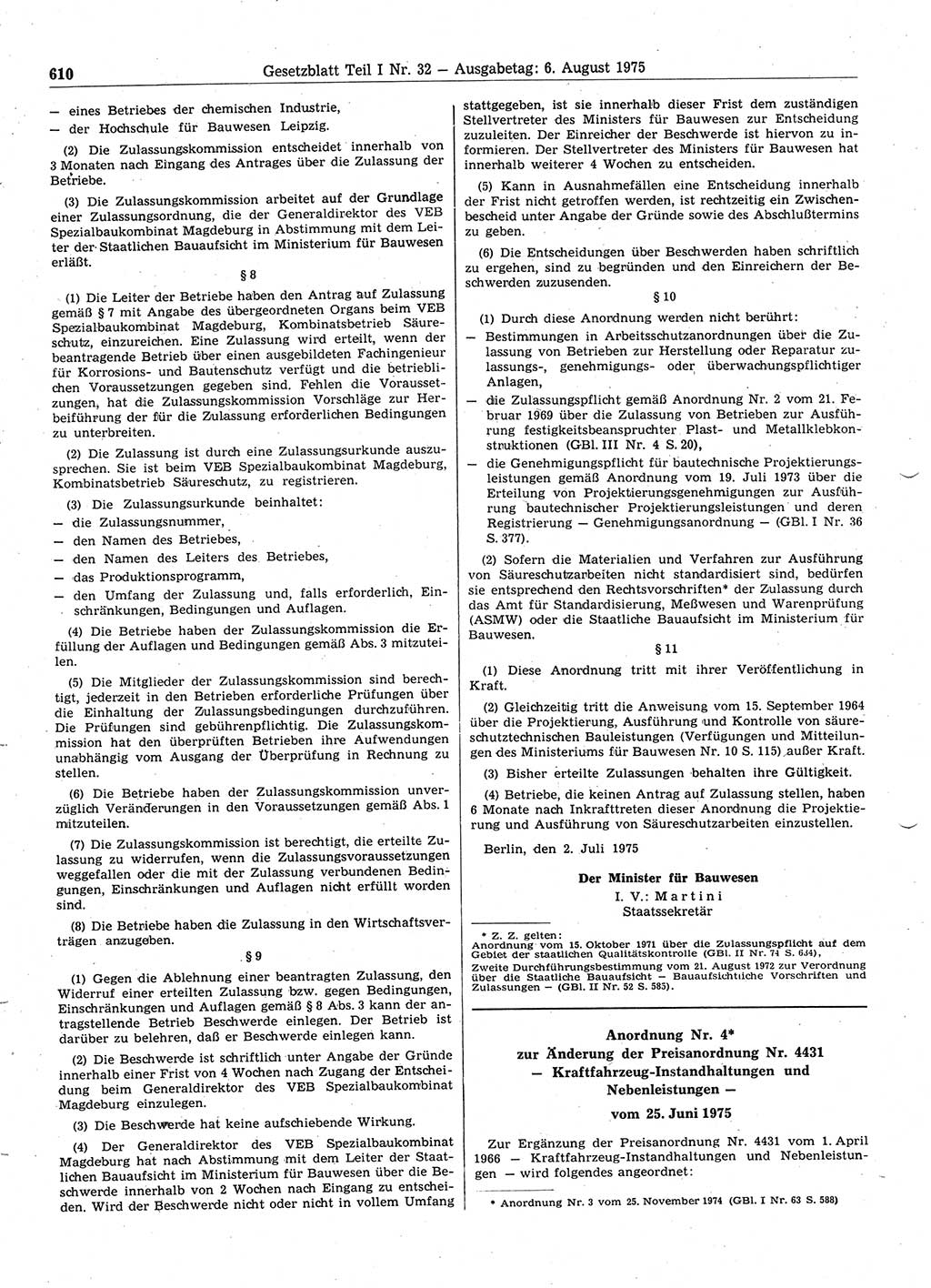 Gesetzblatt (GBl.) der Deutschen Demokratischen Republik (DDR) Teil Ⅰ 1975, Seite 610 (GBl. DDR Ⅰ 1975, S. 610)