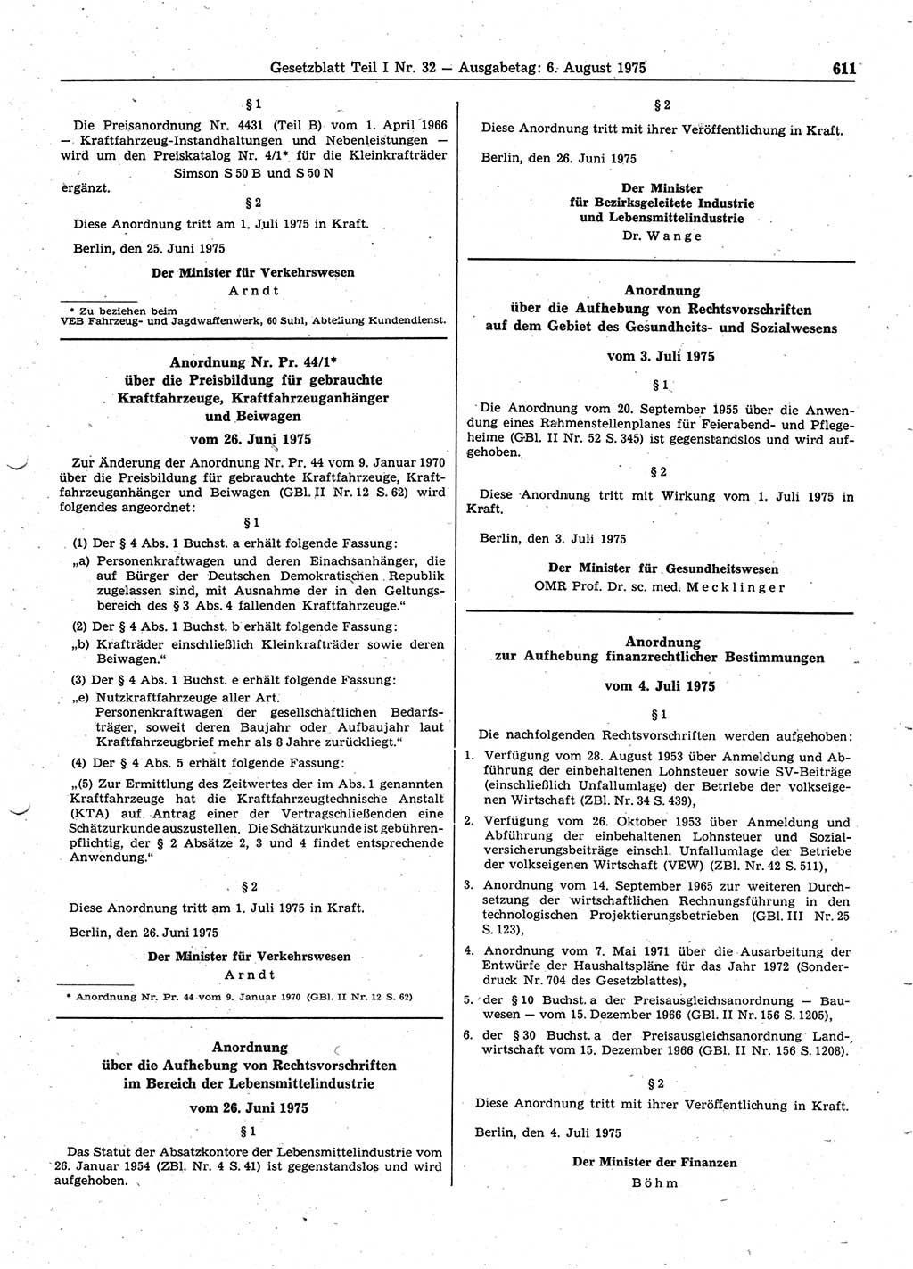 Gesetzblatt (GBl.) der Deutschen Demokratischen Republik (DDR) Teil Ⅰ 1975, Seite 611 (GBl. DDR Ⅰ 1975, S. 611)