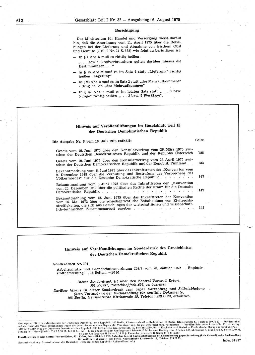Gesetzblatt (GBl.) der Deutschen Demokratischen Republik (DDR) Teil Ⅰ 1975, Seite 612 (GBl. DDR Ⅰ 1975, S. 612)