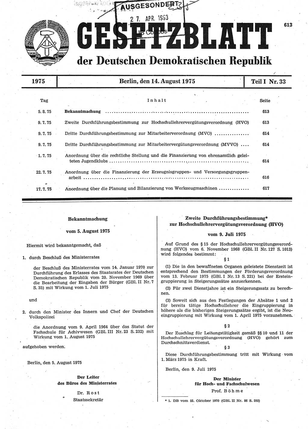 Gesetzblatt (GBl.) der Deutschen Demokratischen Republik (DDR) Teil Ⅰ 1975, Seite 613 (GBl. DDR Ⅰ 1975, S. 613)