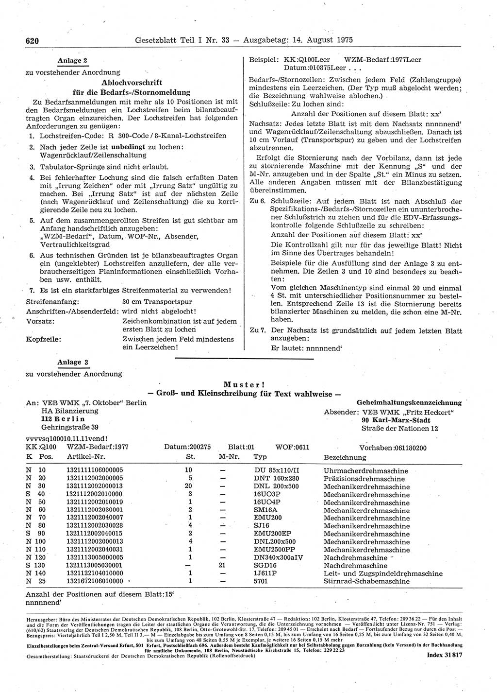 Gesetzblatt (GBl.) der Deutschen Demokratischen Republik (DDR) Teil Ⅰ 1975, Seite 620 (GBl. DDR Ⅰ 1975, S. 620)