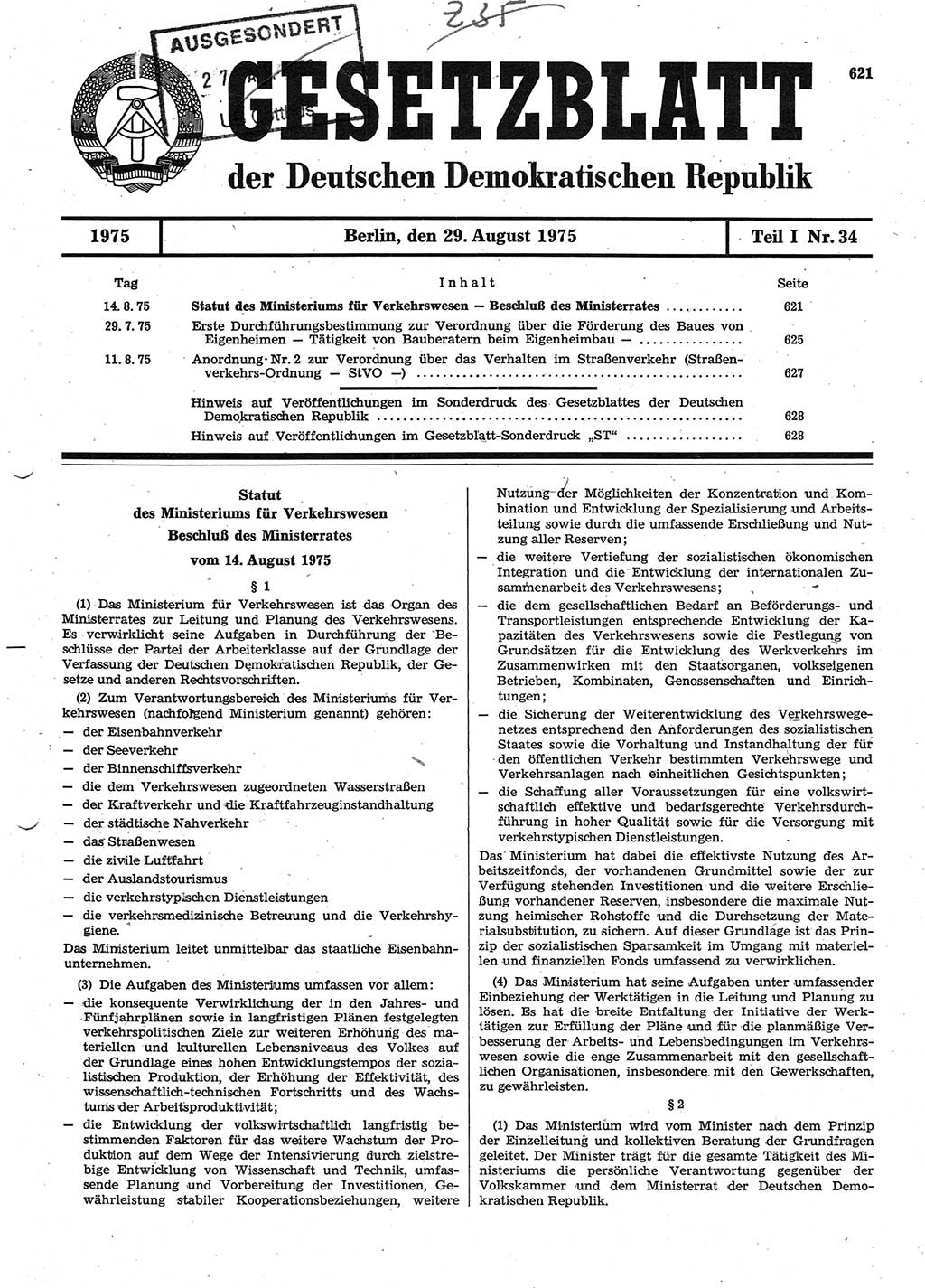 Gesetzblatt (GBl.) der Deutschen Demokratischen Republik (DDR) Teil Ⅰ 1975, Seite 621 (GBl. DDR Ⅰ 1975, S. 621)